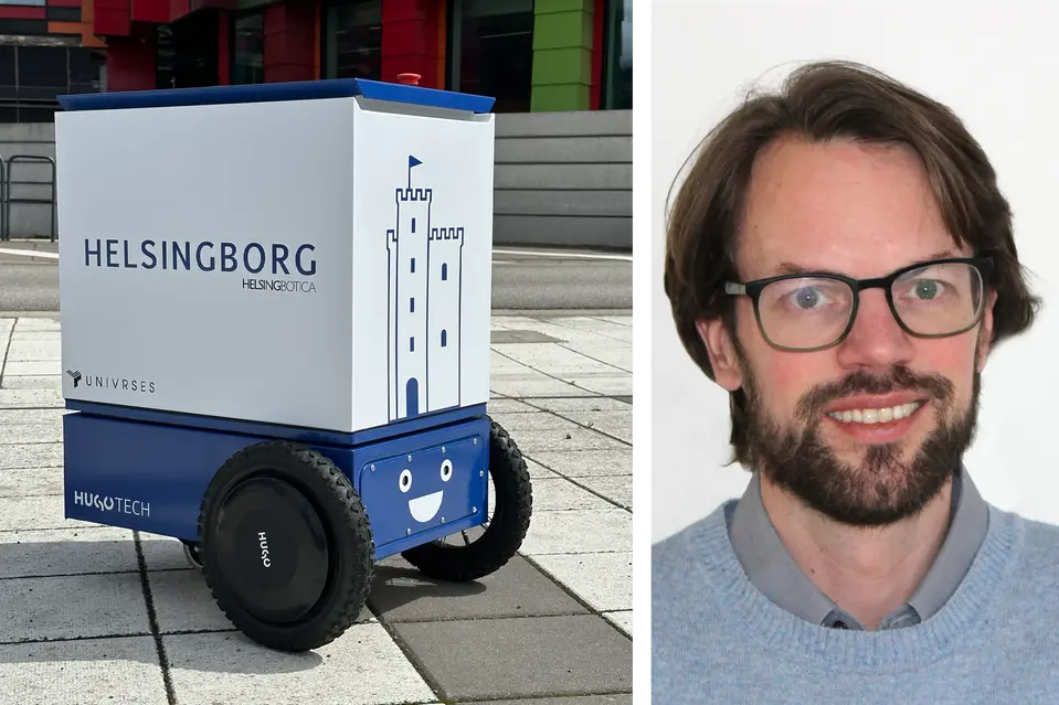 Leveransrobot och porträtt av projektledaren Niklas Arvidsson.